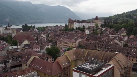 city landscape with medieval castle in annecy, france - aerial view