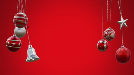 animación de decoraciones de bolas de navidad en fondo rojo