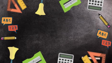 animation of school concept icons against grey textured background with copy space