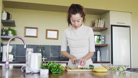 Mujer-Birracial-Feliz-Preparando-Verduras-Para-Batido-En-La-Cocina