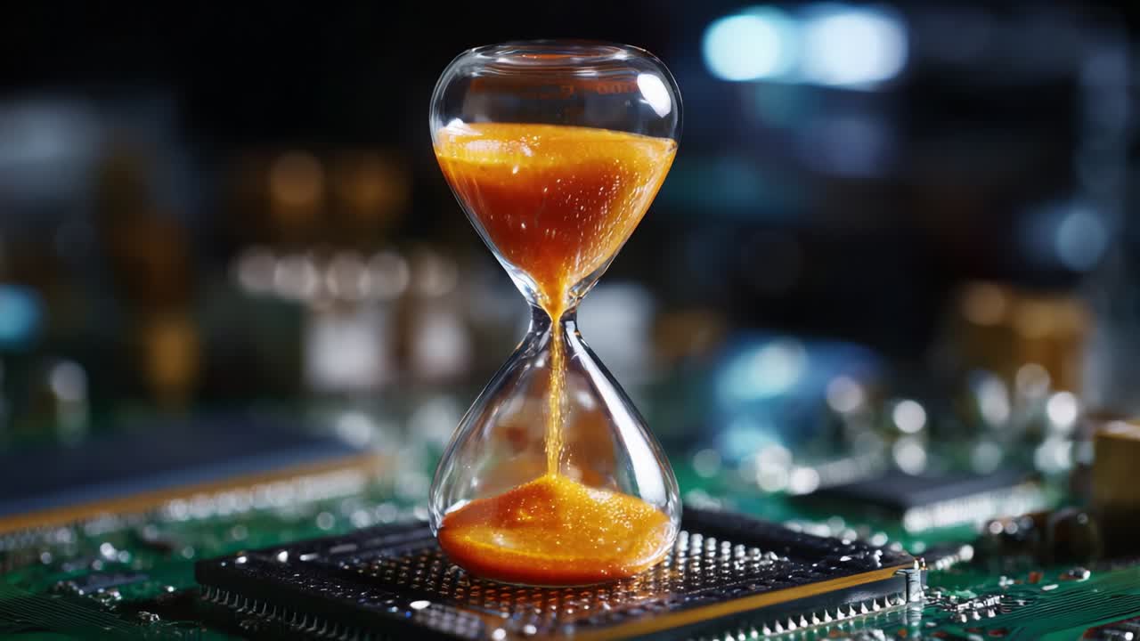 A Captivating View of an Hourglass Sitting on a Circuit Board, Portraying the Intriguing Interplay Between Time and Technology Through the Flow of Bright Orange Sand Against a Futuristic Background