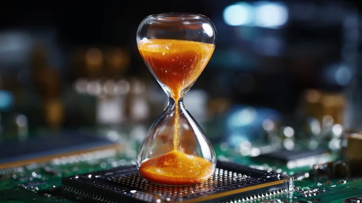 A Captivating View of an Hourglass Sitting on a Circuit Board, Portraying the Intriguing Interplay Between Time and Technology Through the Flow of Bright Orange Sand Against a Futuristic Background