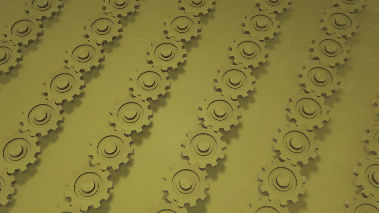 animación 3d de un fondo de contorno sin costuras de engranajes amarillos brillantes soleados, mecanismo giratorio. genial para presentaciones. ponga su propio texto en él