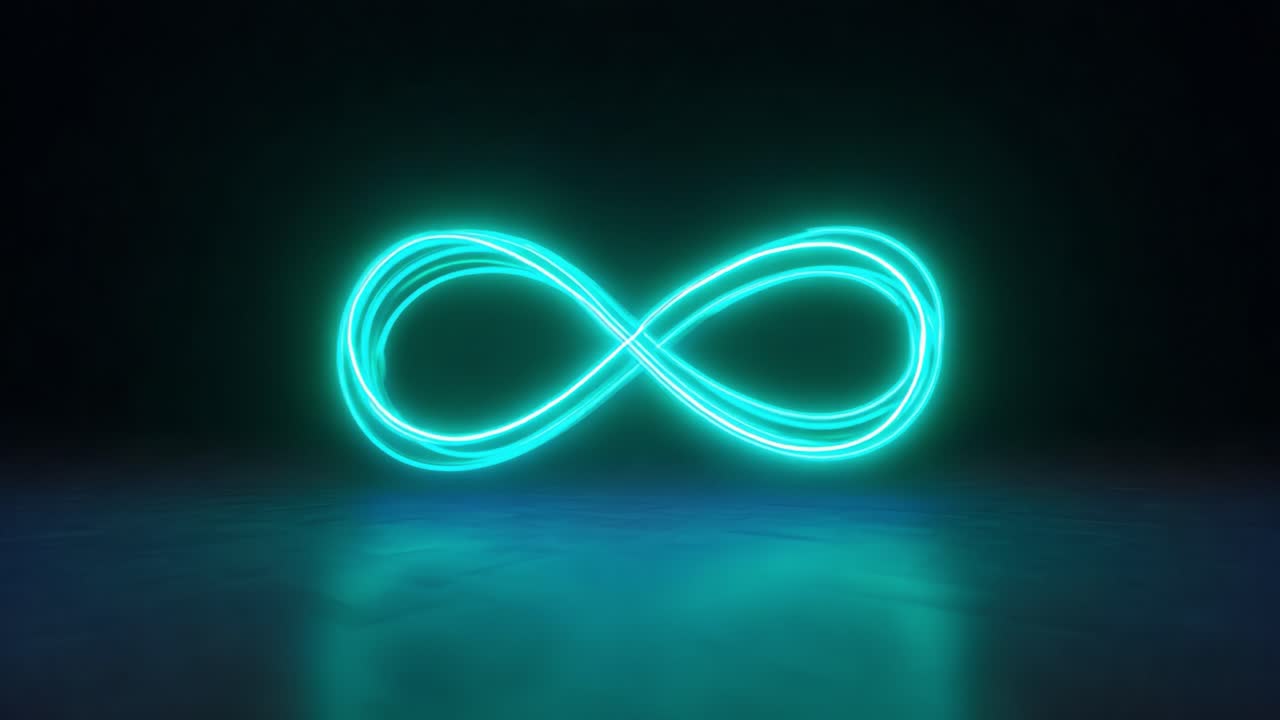 Bright turquoise neon light tracing an infinity symbol, creating a mesmerizing glowing loop with its reflection on a dark surface, symbolizing eternity and endless possibilities
