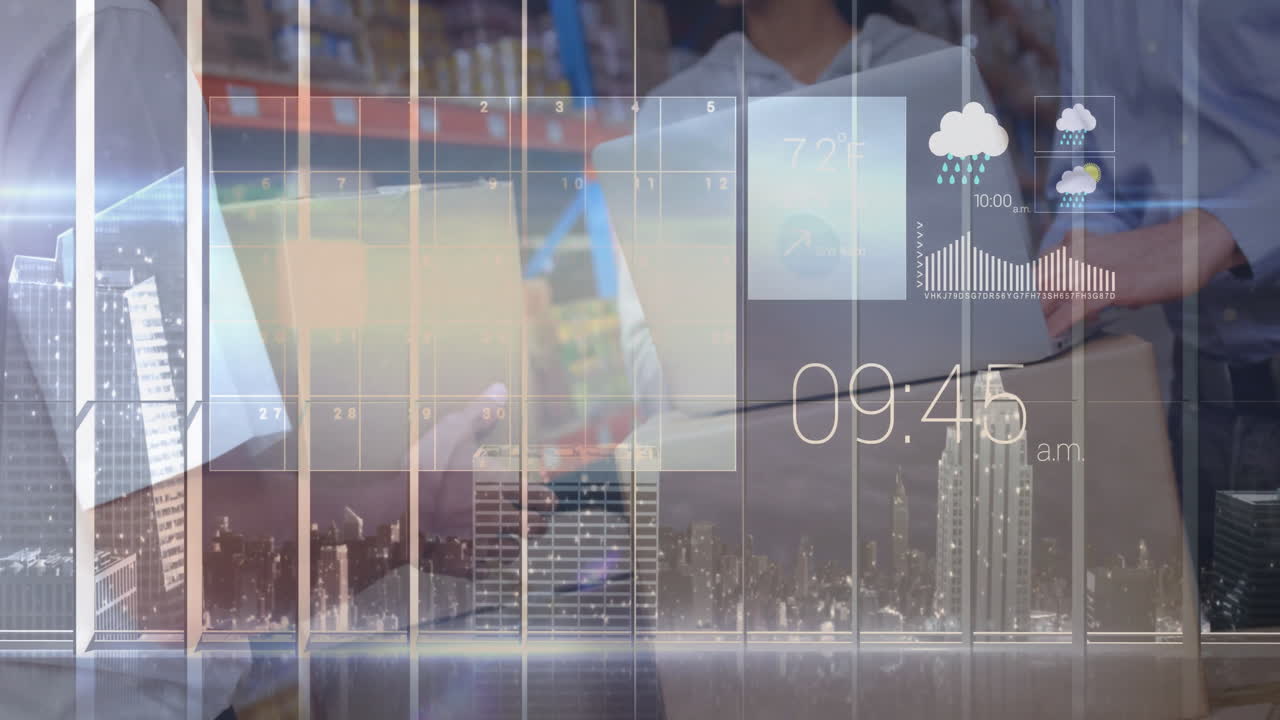 Warehouse workers using laptop with weather and time data overlay animation