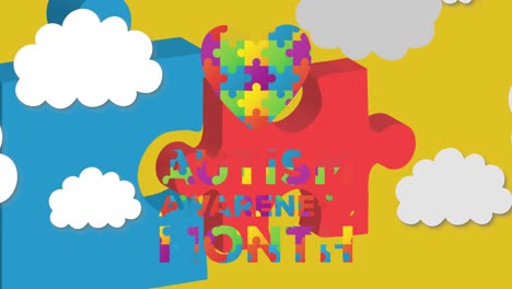 animation of autism awareness month colourful puzzle pieces and text over clouds