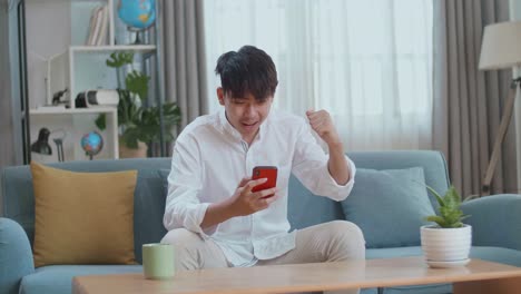Happy Asian Man Celebrating While Using Smartphone In The Living Room