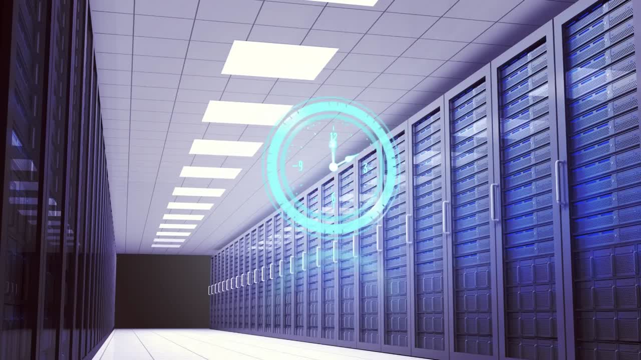 Animation of clock moving fast over computer servers in tech room