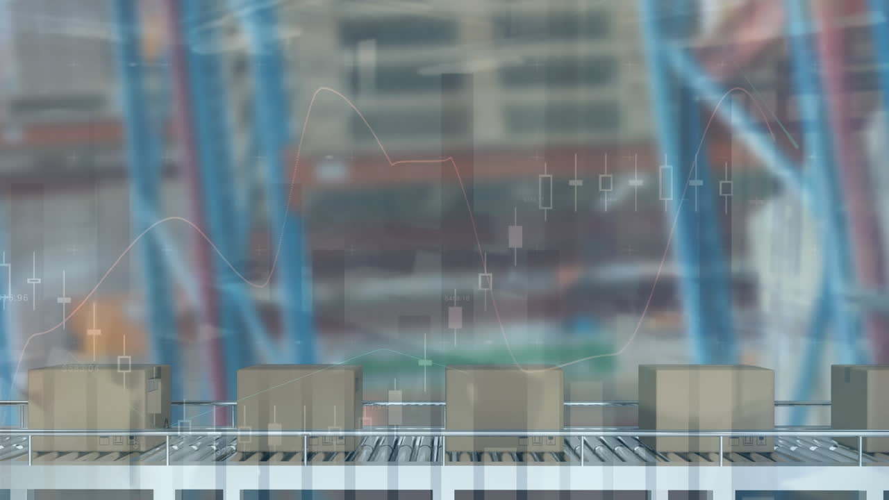 창고의 컨베이어 벨트에 있는 상자 위의 데이터 처리의 애니메이션