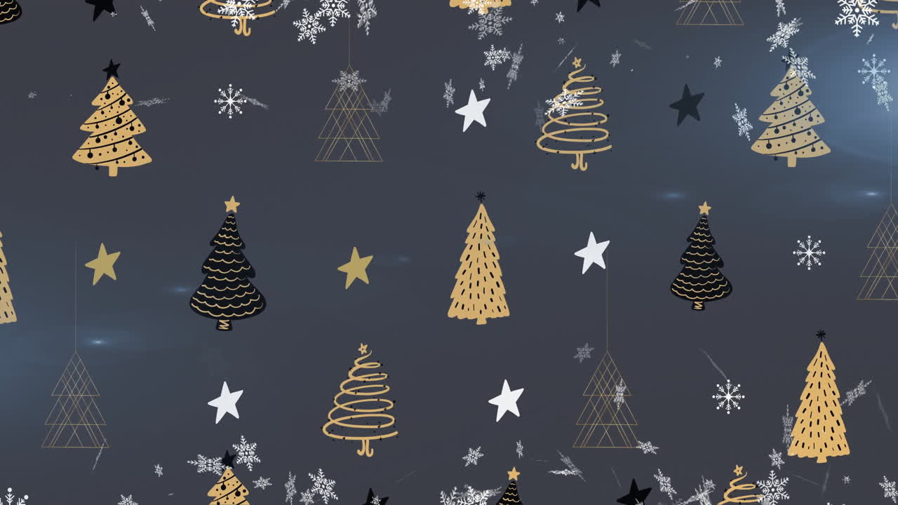 Animation of snow falling over christmas tree pattern on grey background