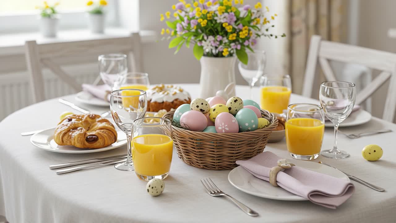 A Festive Easter Table Setting with Colorful Eggs, Delicious Pastries, and Refreshing Drinks Surrounded by Blooming Flowers, Perfect for Celebrating Special Moments
