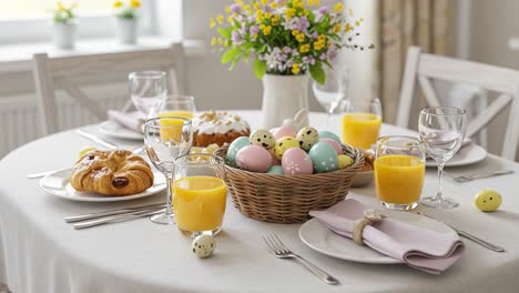 a festive easter table setting with colorful eggs, delicious pastries, and refreshing drinks surrounded by blooming flowers, perfect for celebrating special moments