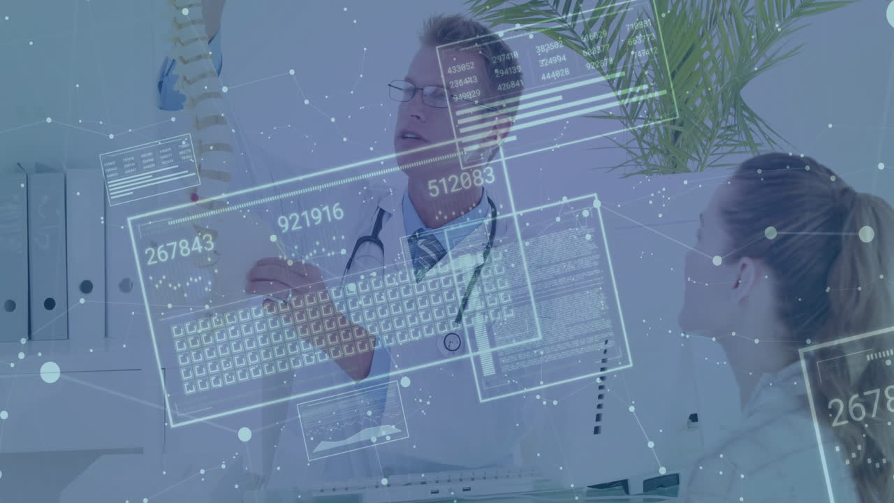 Male doctor explaining results to female patient in medical clinic, with floating data charts
