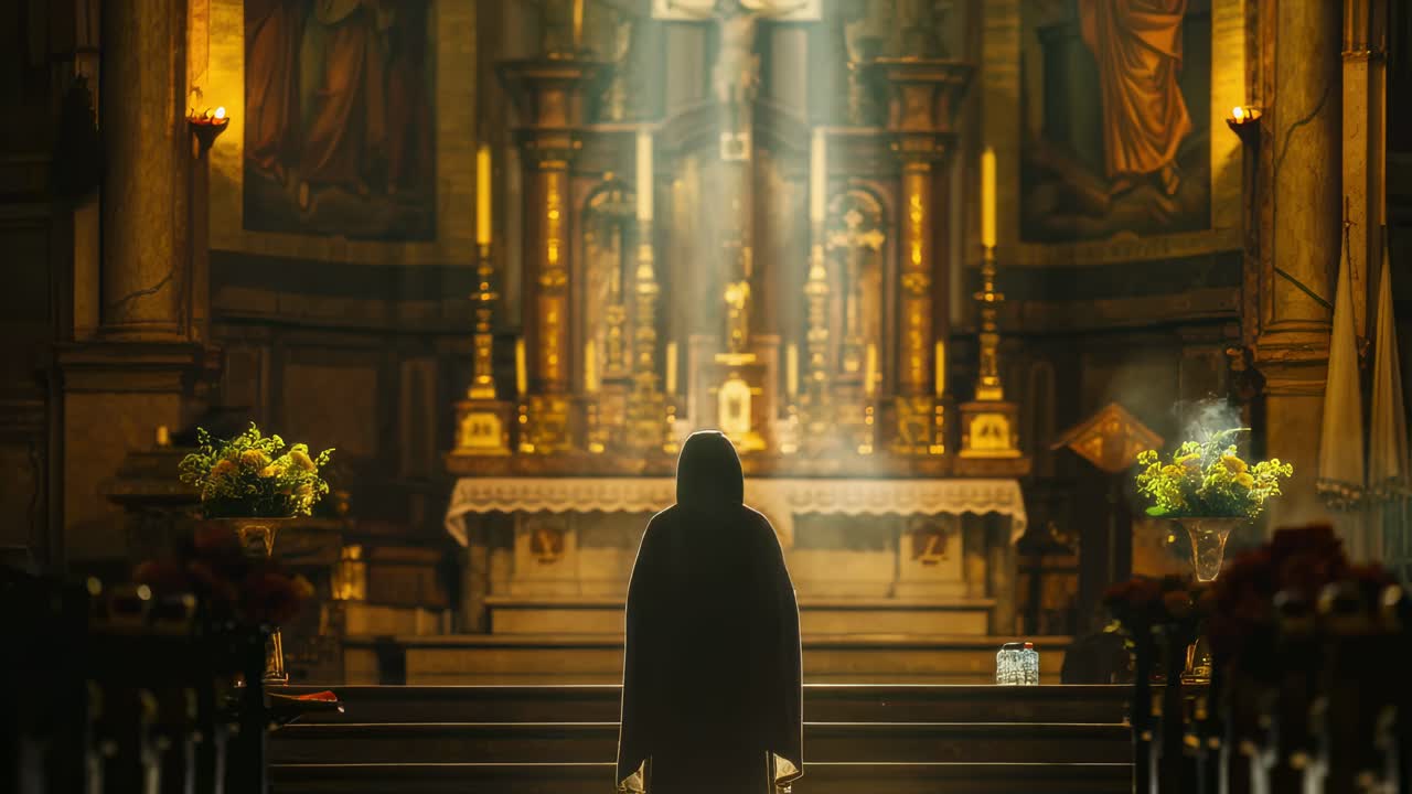 Radiant sunlight streaming through church windows, bathing praying monk in golden light, revealing deep spiritual contemplation within sacred sanctuary