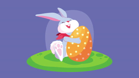 happy easter card with cute rabbit lifting golden egg