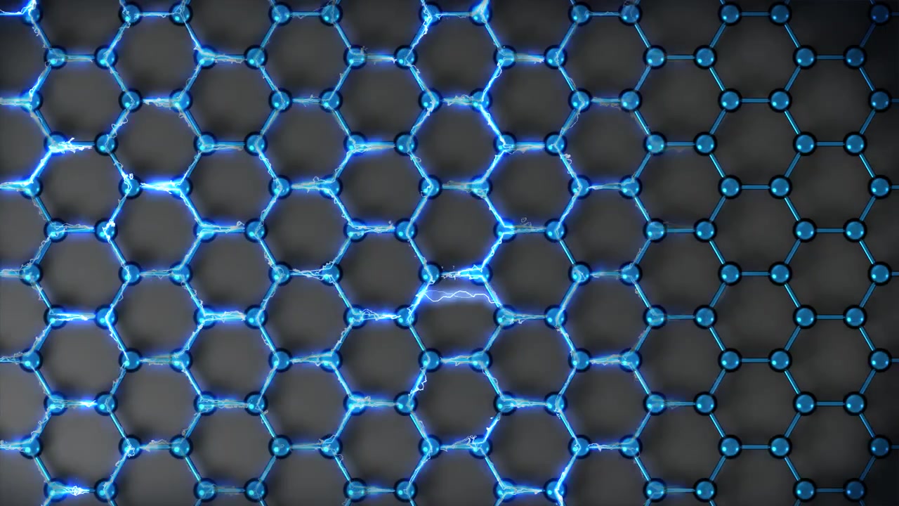 Graphene Battery Electrical Conductivity loop Blue. This macro 3D animation represents how conductive graphene is.