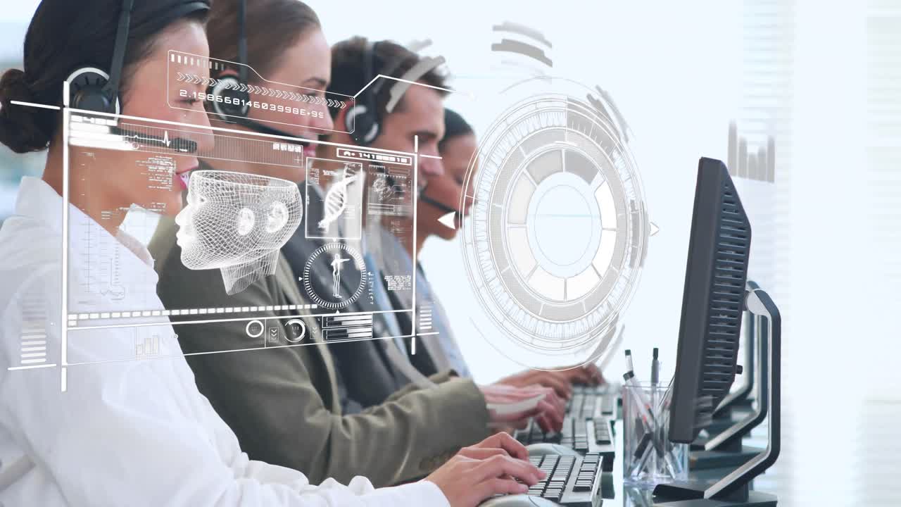 animación de la red de conexiones sobre felices trabajadores de oficina diversos que usan auriculares