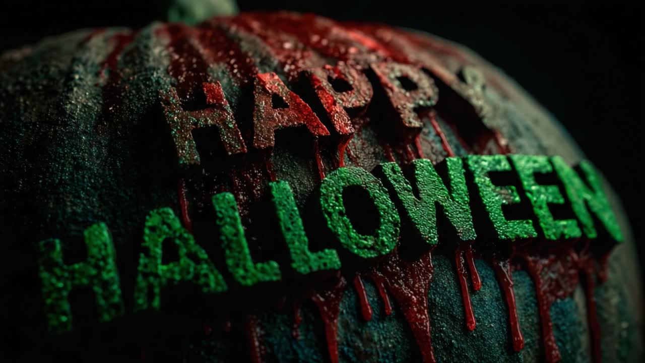 Menacing Happy Halloween text sitting on a rough, dark surface covered in dripping red blood, creating a scary and spooky atmosphere perfect for a night of horror and celebration