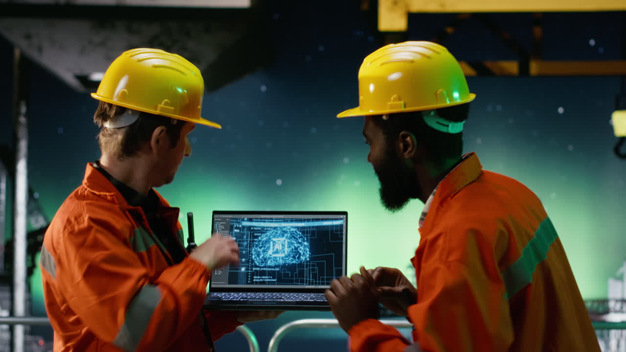 Offshore engineers use AI machine learning tools on laptop for drilling rig