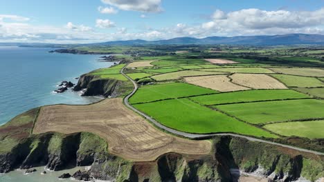 drohne der irischen küste fliegt entlang der kupferküste waterford über ein flickenteppich von ackerland mit dem band der küstenstraße an einem sommertag