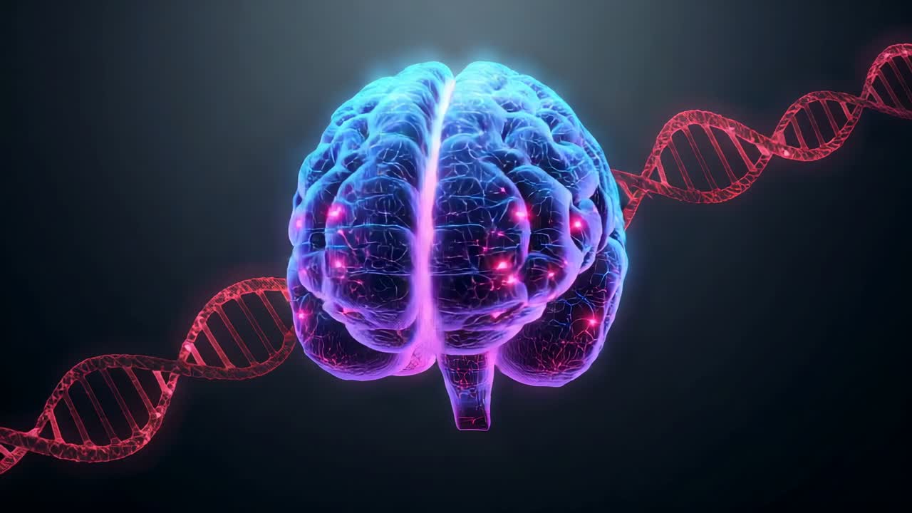 Rotating neon-brain model at start, pulsing nodes revealing neural network in space, red DNA helix