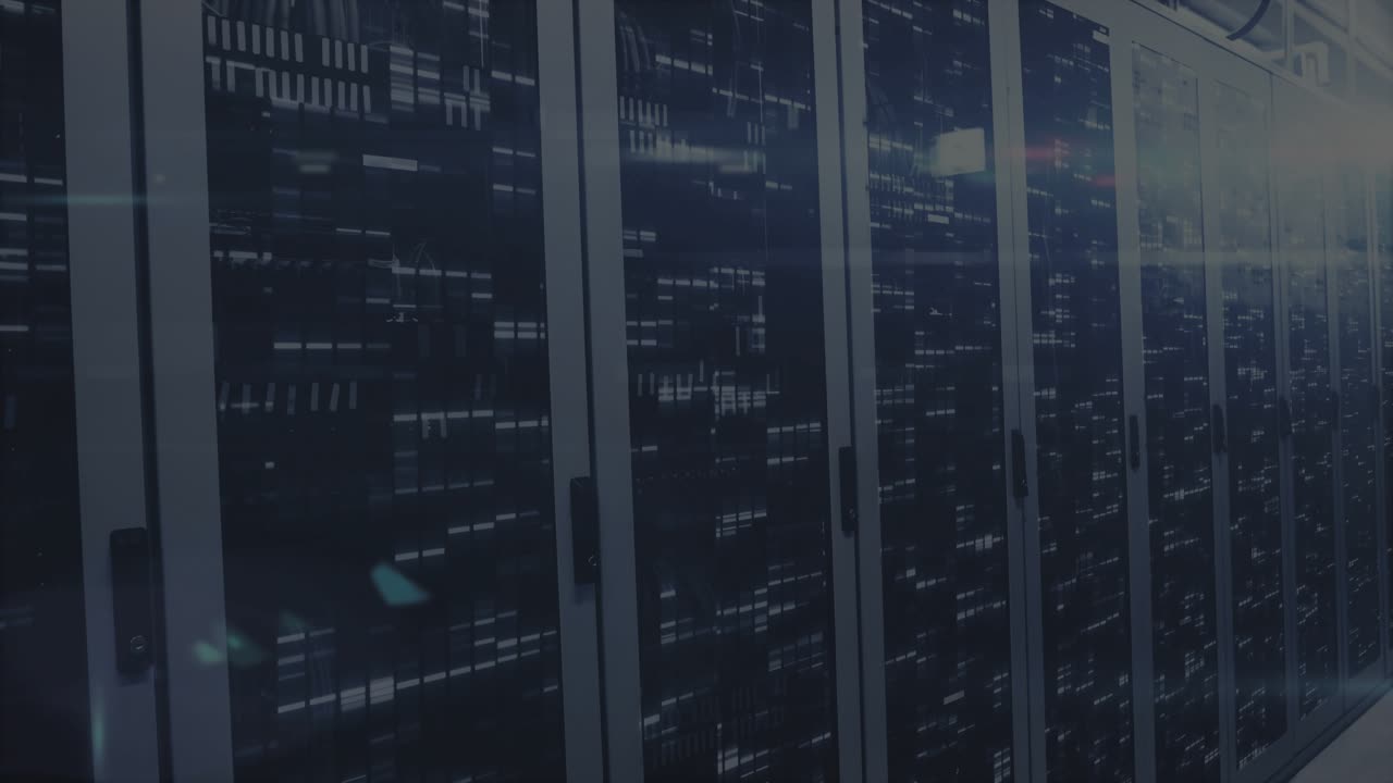 Data overlay appearing on server racks, code scrolling, blue scan line sliding down revealing feed