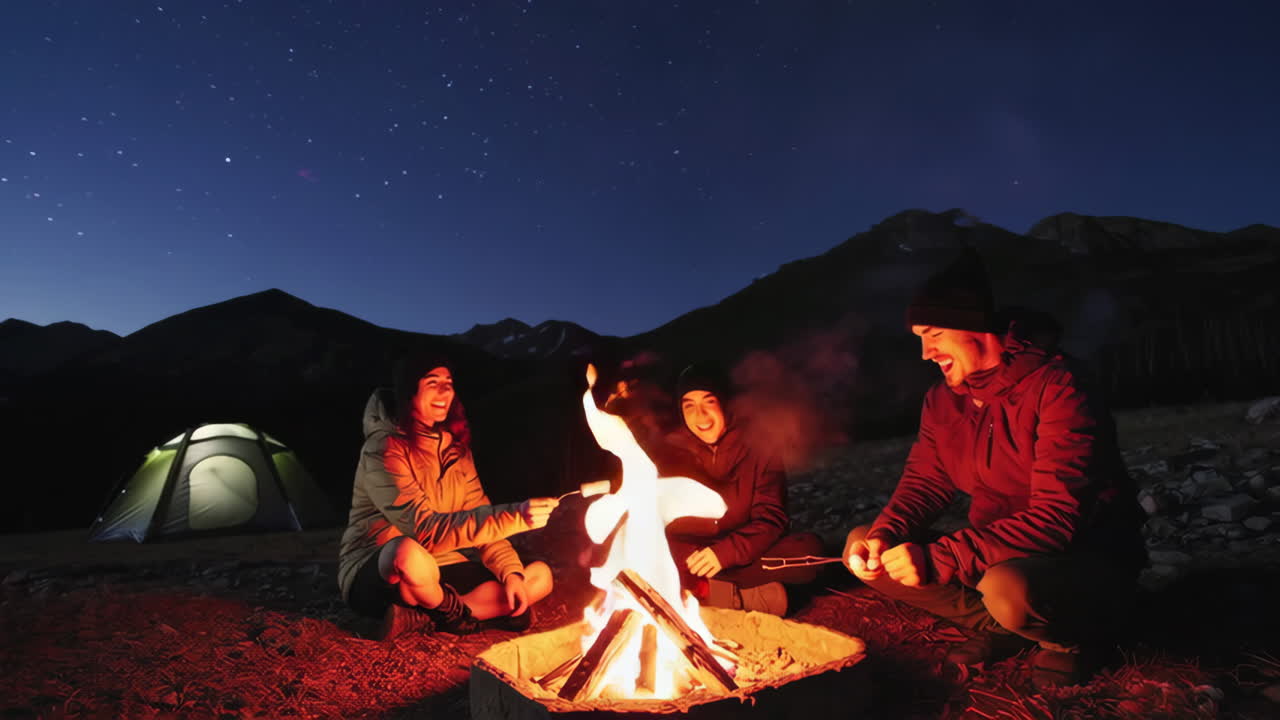 Friends Roasting Marshmallows at Night Campfire