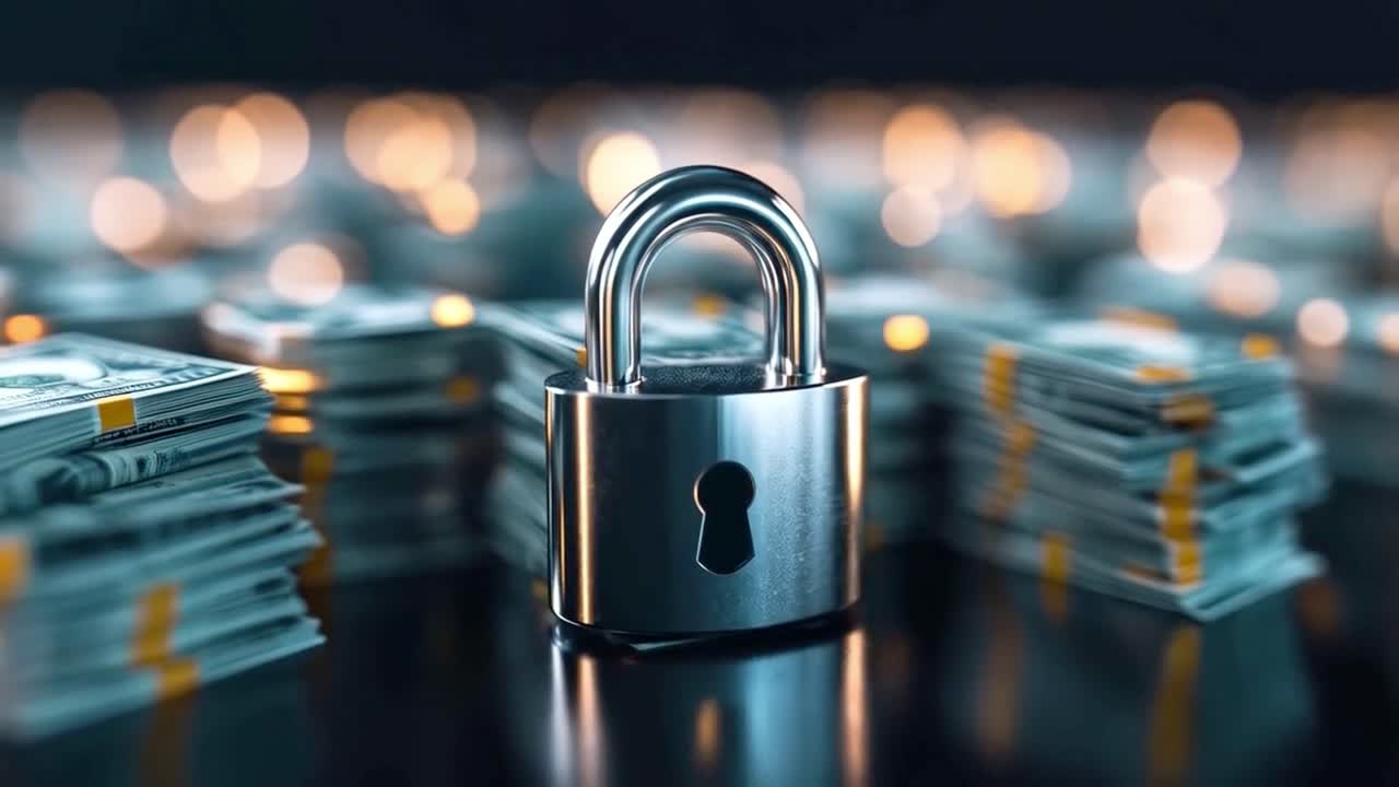 Padlock protecting stacks of money