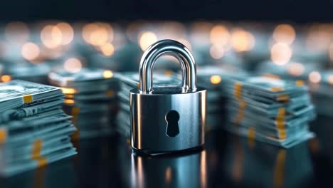 padlock protecting stacks of money