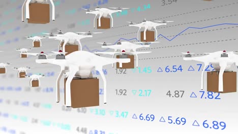animación del procesamiento de datos financieros de la bolsa de valores con drones que llevan cajas