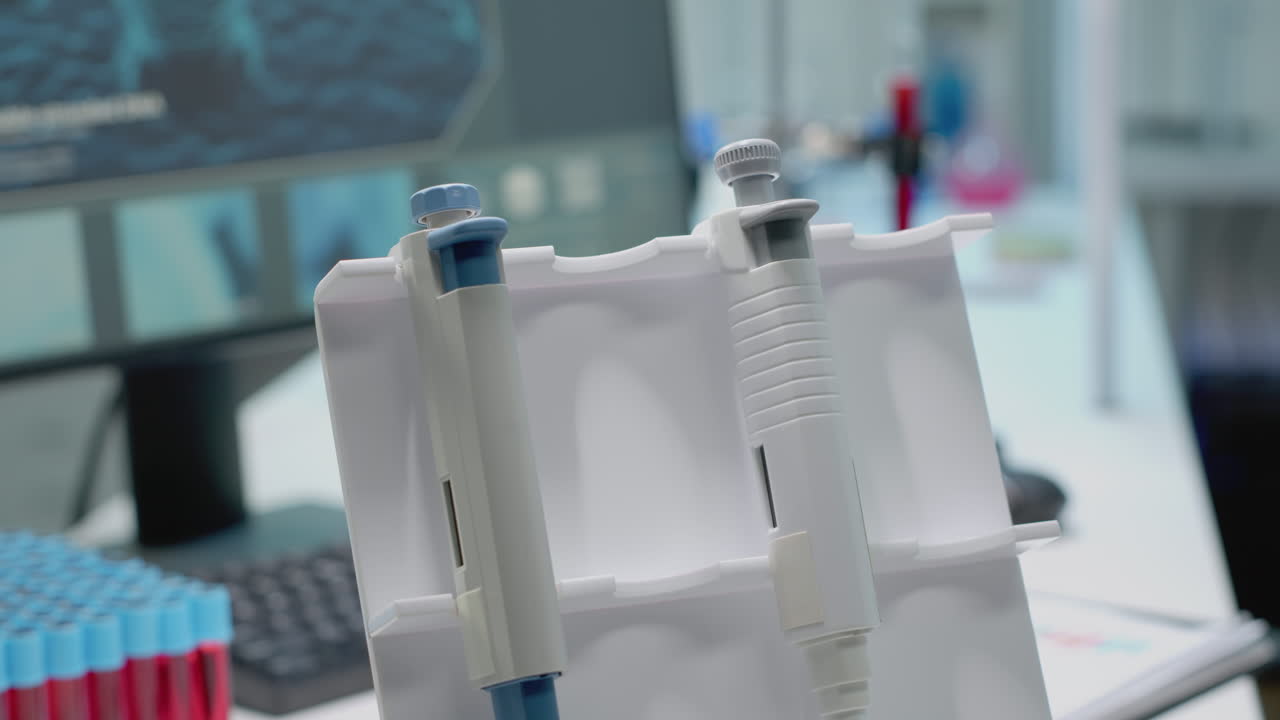 Primo piano di pipette e provette in un laboratorio
