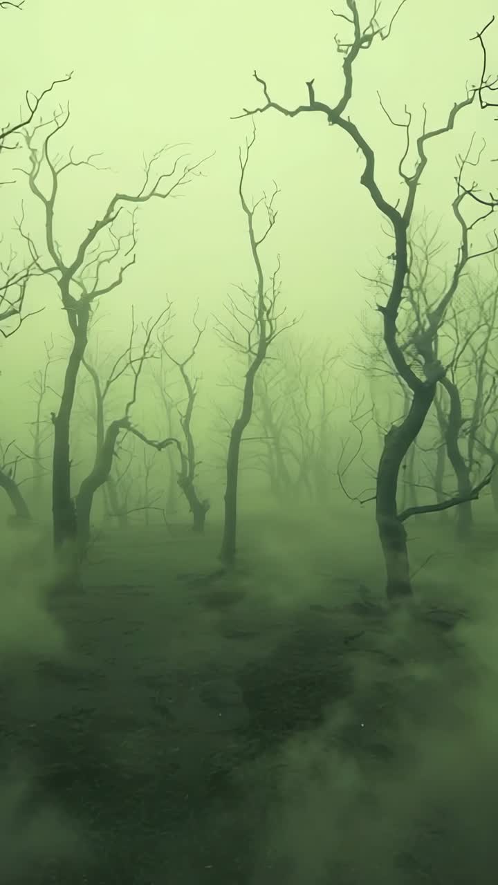 Video verticale: la camera si muove lentamente rivelando alberi contorti in un boschetto per mostrare un sentiero che supera una nebbia verde