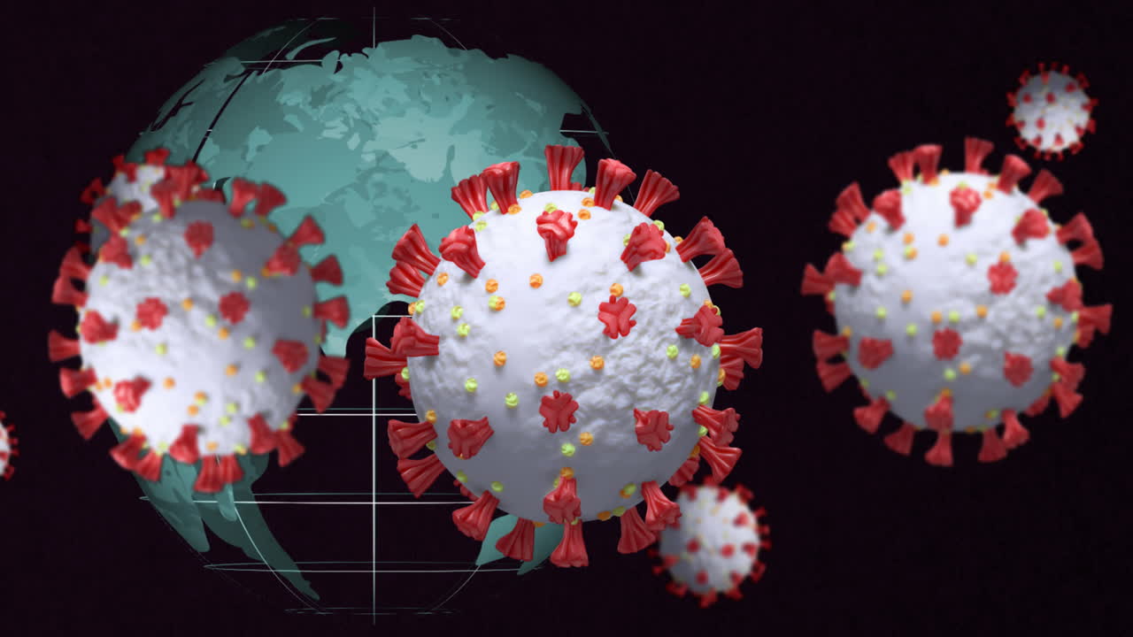 Animazione digitale di più cellule COVID-19 che fluttuano sopra un globo rotante su sfondo nero