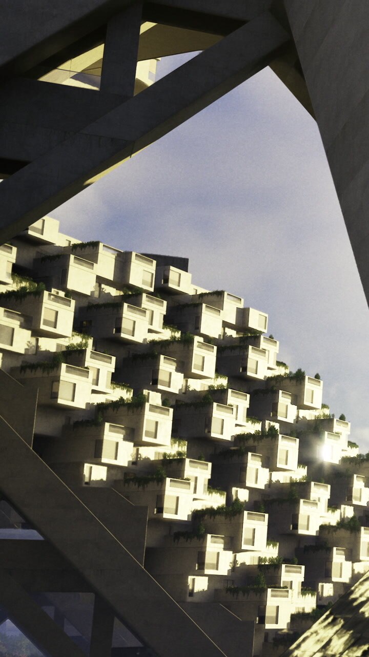 Modern building structure with balconies and greenery in urban setting