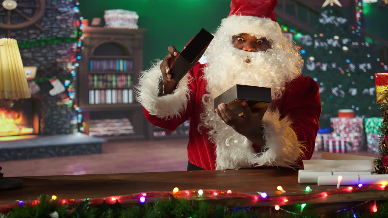 Santa opening a present at Christmas