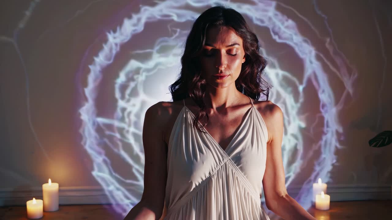 Een serene meditatiescène in een schemerig verlichte kamer met kaarsen. De video toont een vrouw in het wit