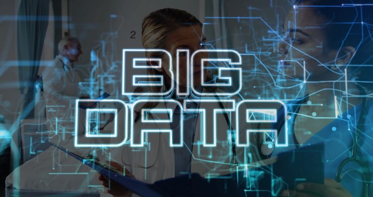 Senior doctor flipping clipboard and guiding nurse as medical grid forming BIG DATA overlay