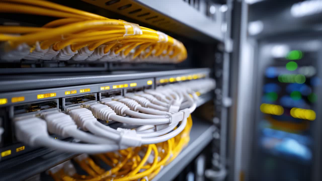 Network Infrastructure: Inside a Data Center with Organized Ethernet Cables and Switches Providing Connectivity for High-Speed Data Transmission