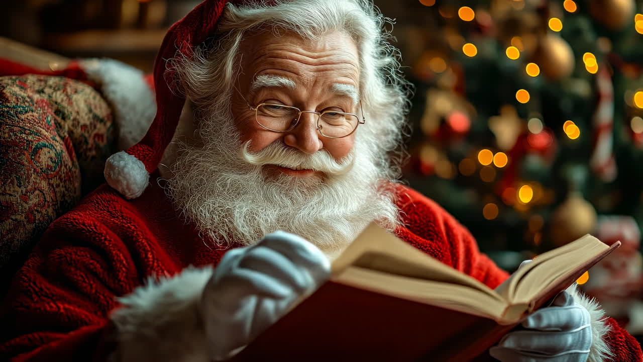 Santa reading by the tree. Santa Claus enjoys a festive moment, reading a book by a beautifully decorated Christmas tree filled with lights