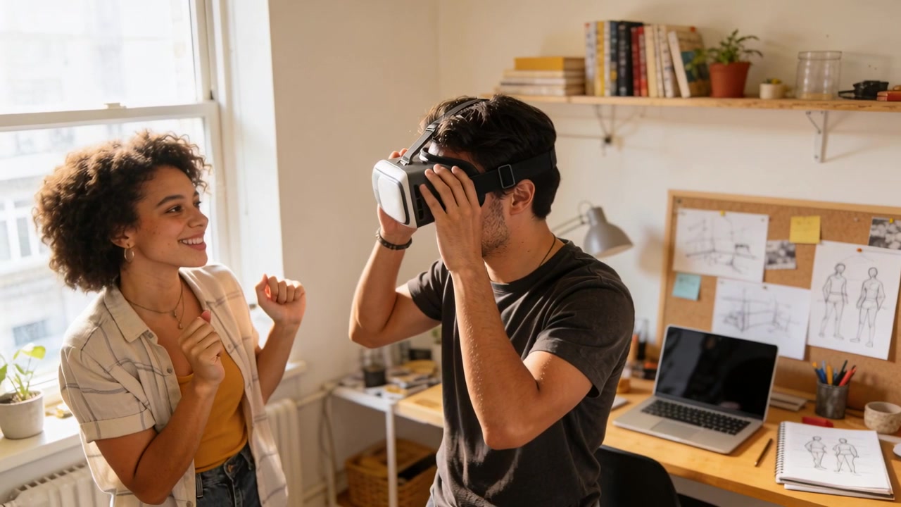 Sollevando il visore VR, una donna guida un uomo mentre posiziona e regola le cinghie in un ufficio domestico, con schizzi su laptop.
