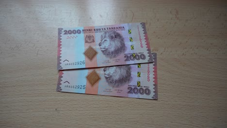 close up of two tanzanian chillies banknotes, money on table with lion drawing