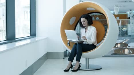 mujer de negocios sonriente usando una computadora portátil
