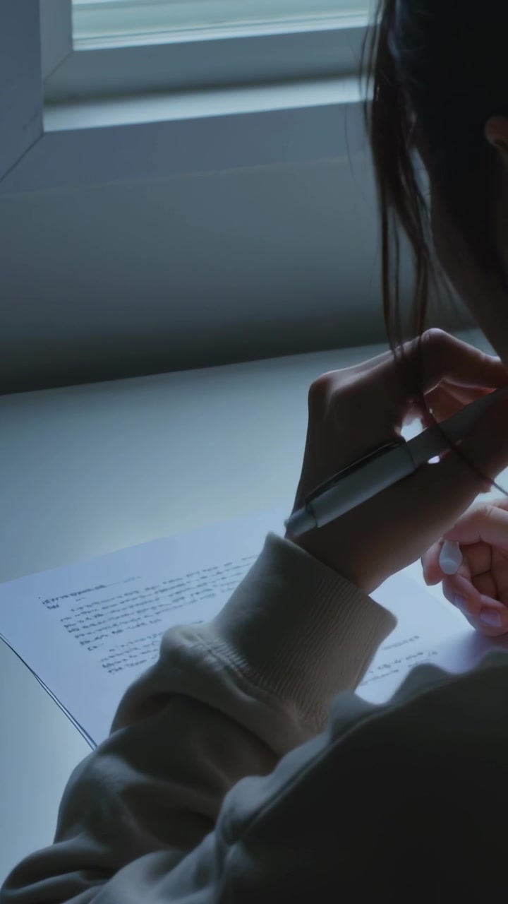 Vertical video: Steadying sheet, hooded teen moving pen on desk by window reading, copy space