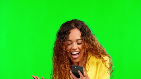 Phone,-winner-and-celebration-of-woman-on-green