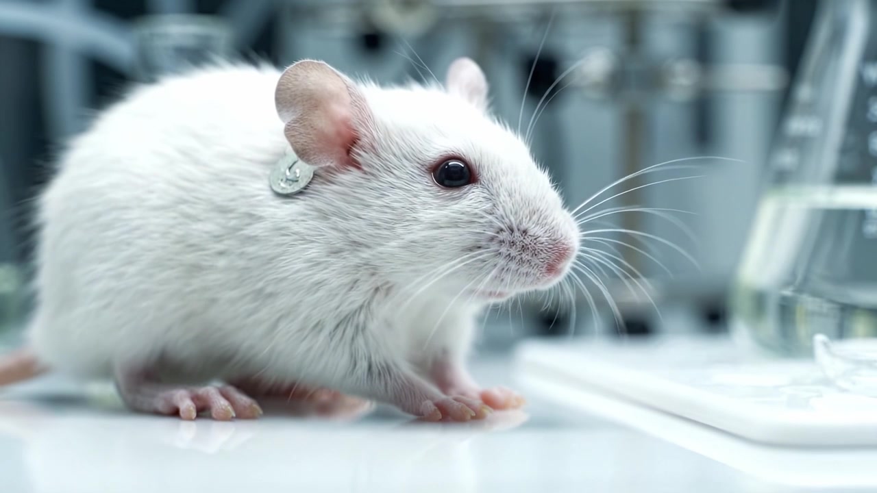 Esame ravvicinato di un topo da laboratorio in un ambiente controllato, con osservazione dettagliata e configurazione sperimentale a fini di ricerca scientifica.