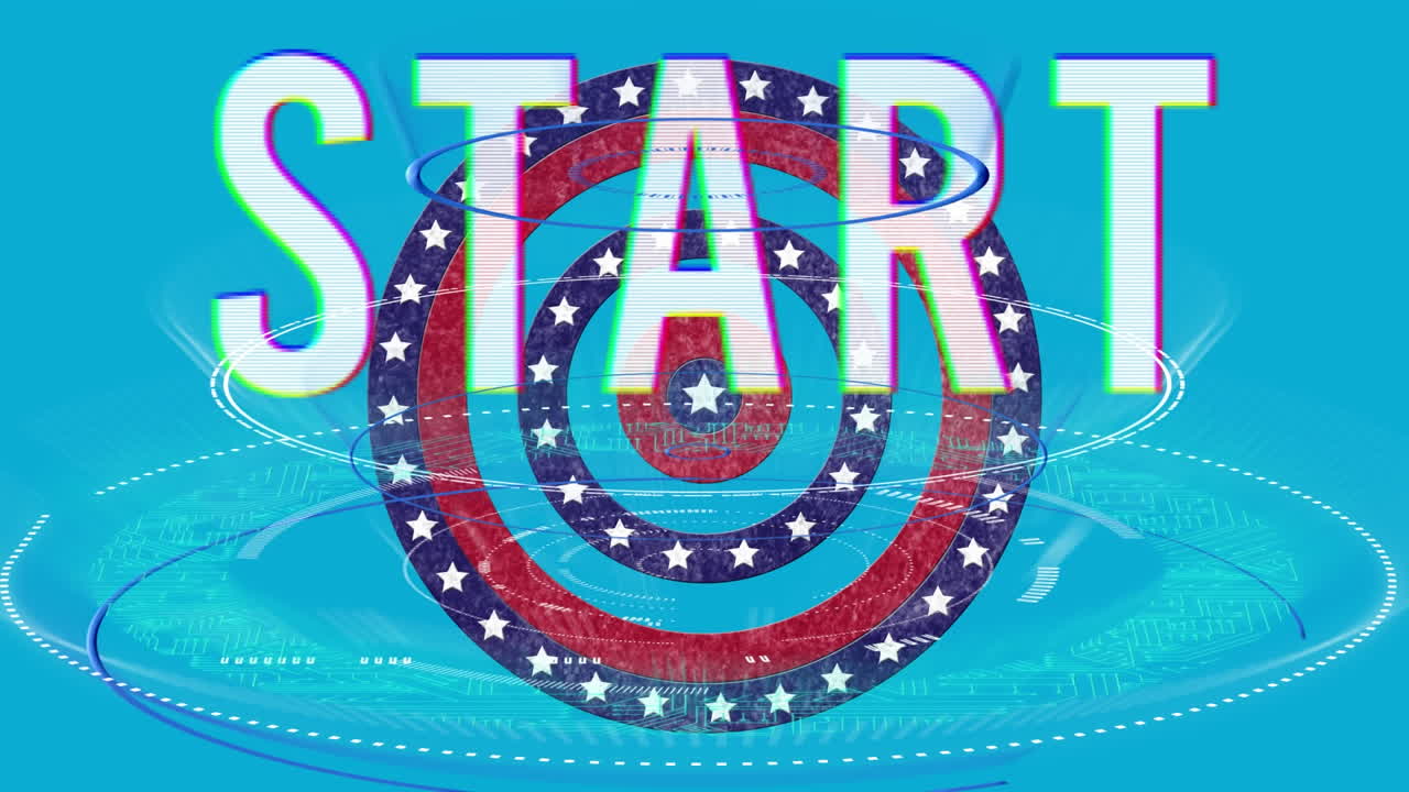 파란색 배경에 회전하는 원에 별에 대한 텍스트 시작 및 둥근 스캐너