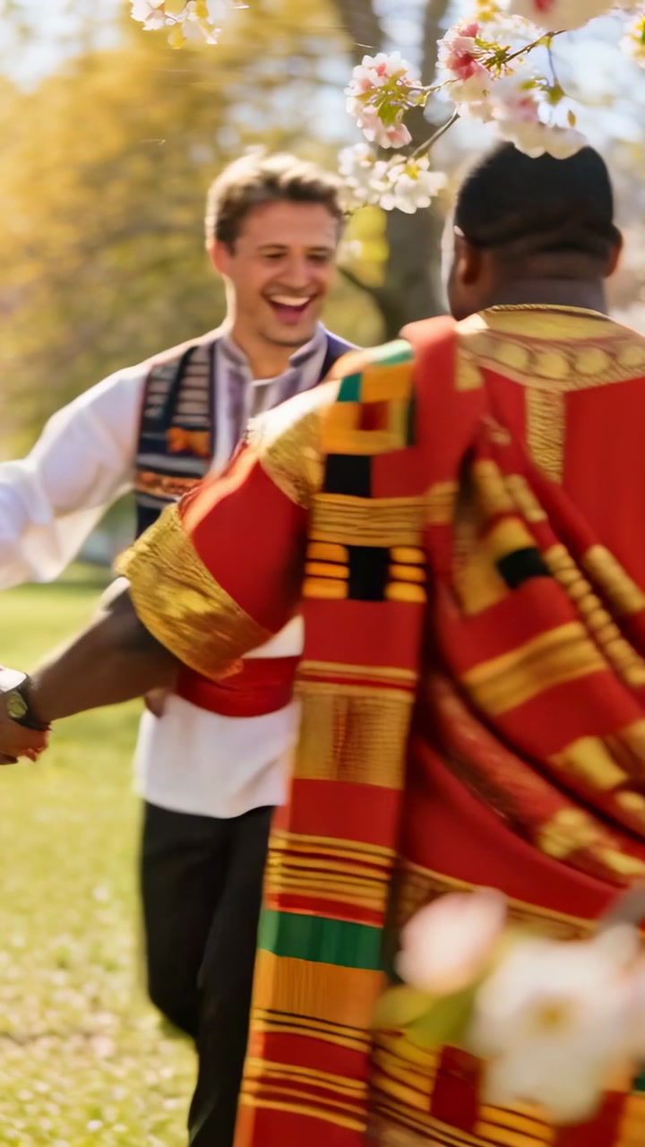 Vertical video: Opening arms woman in dress taking hands forming circle in park with blooms playing