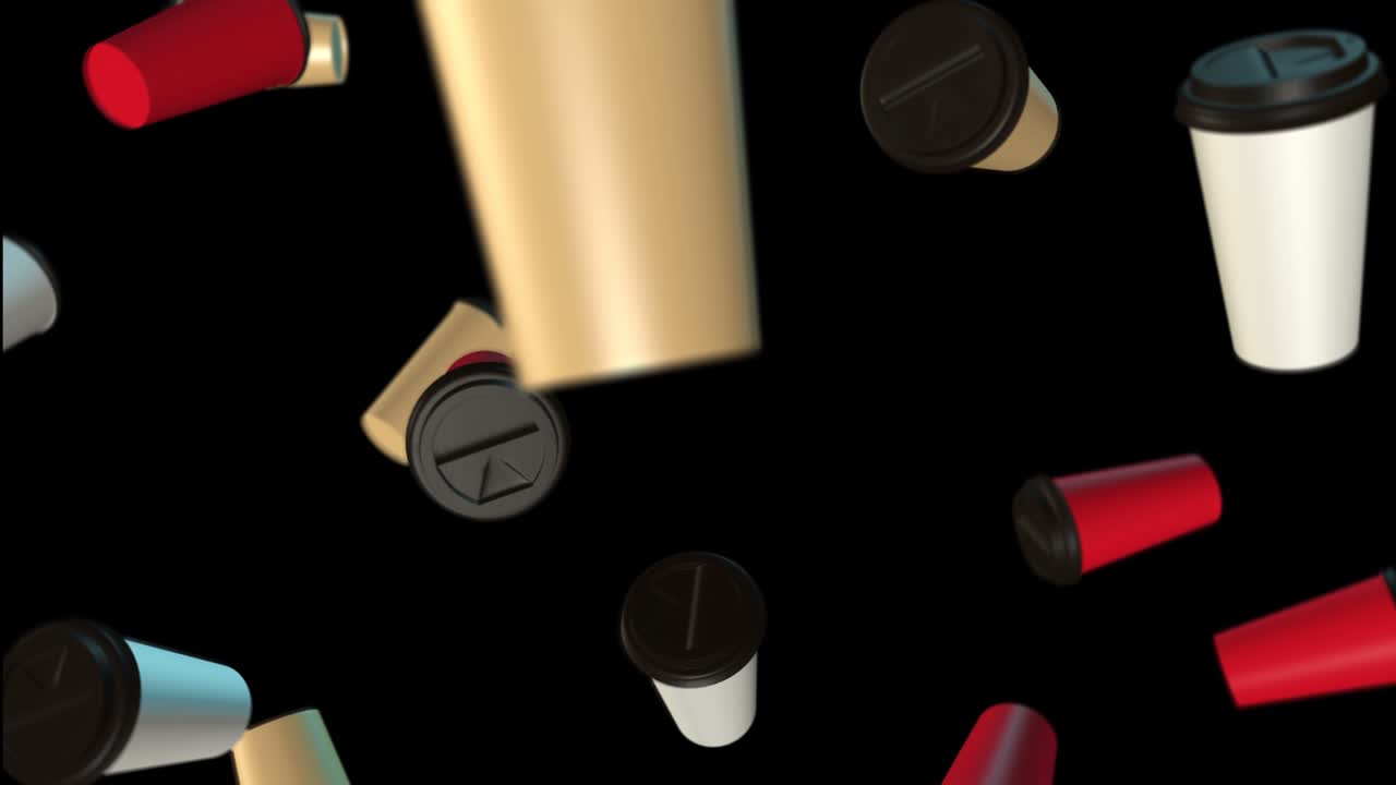 fondo de tres tazas de café de colores. representación abstracta en 3d con luces brillantes y sombras. cíclicos que giran en gravedad cero. aislar. bucle. el canal alfa. rojo amarillo blanco