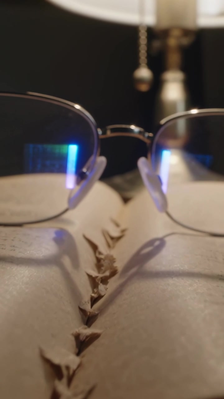 Vertical video: Moving camera focusing metal glasses on nightstand, showing torn gutter, lamp chain