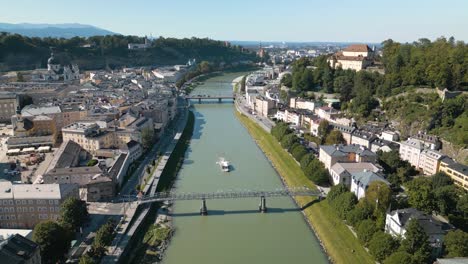 Cinematic-Drone-Flight-above-the-Famous-Salzach-River-in-Salzburg,-Austria